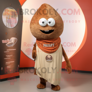 Rust Falafel mascot costume character dressed with a V-Neck Tee and Lapel pins