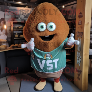 Rust Falafel mascot costume character dressed with a V-Neck Tee and Lapel pins