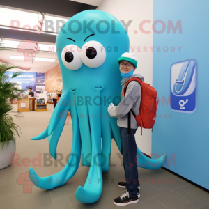 Cyan Squid mascot costume character dressed with a Chinos and Backpacks