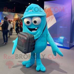 Cyan Squid mascot costume character dressed with a Chinos and Backpacks