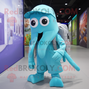 Cyan Squid mascot costume character dressed with a Chinos and Backpacks