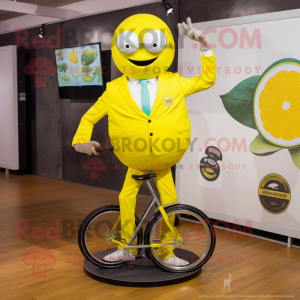 Lemon Yellow Unicyclist mascot costume character dressed with a Suit Jacket and Cufflinks