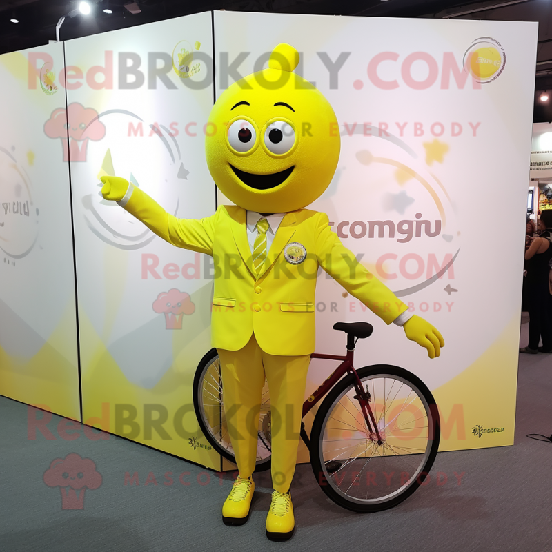 Lemon Yellow Unicyclist mascot costume character dressed with a Suit Jacket and Cufflinks