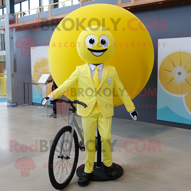 Lemon Yellow Unicyclist mascot costume character dressed with a Suit Jacket and Cufflinks Lemon Yellow Unicyclist mascot costume character dressed with a Suit Jacket and Cufflinks