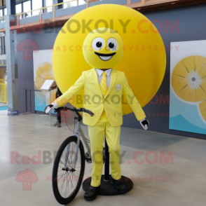 Lemon Yellow Unicyclist mascot costume character dressed with a Suit Jacket and Cufflinks