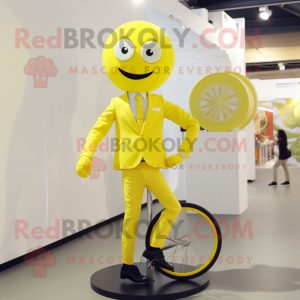 Lemon Yellow Unicyclist mascot costume character dressed with a Suit Jacket and Cufflinks