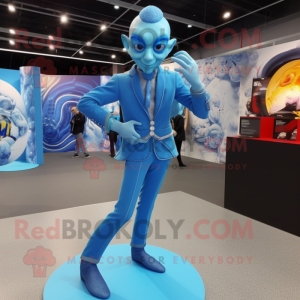 Sky Blue Contortionist mascot costume character dressed with a Suit and Bracelets