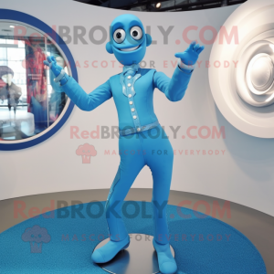 Sky Blue Contortionist mascot costume character dressed with a Suit and Bracelets