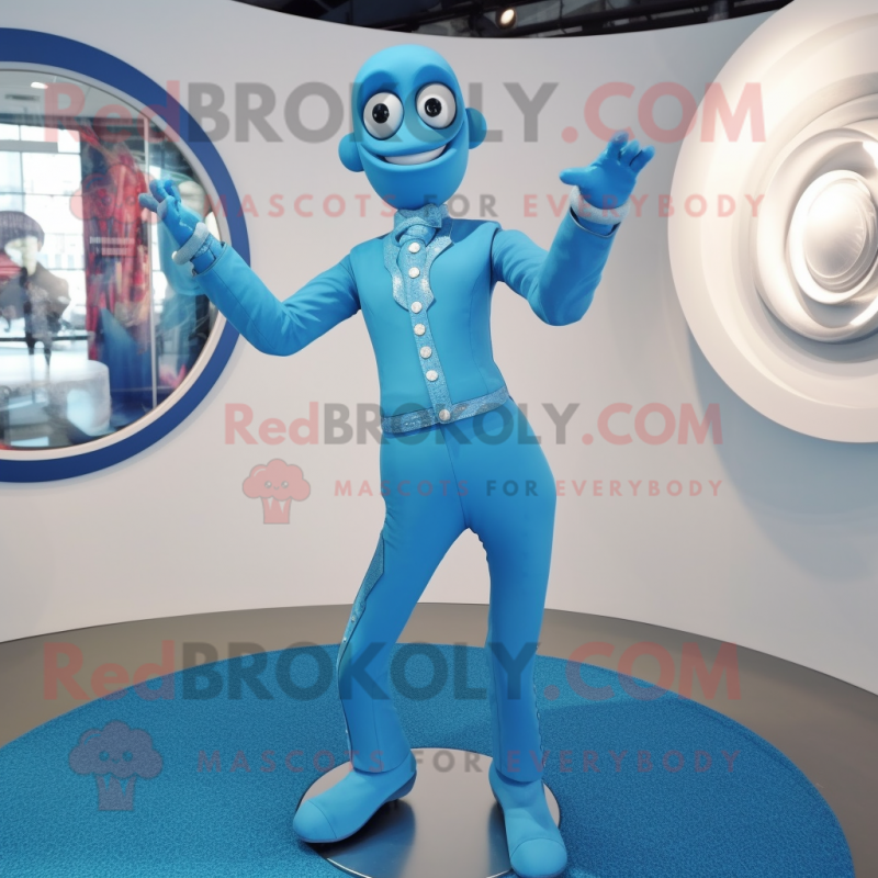 Sky Blue Contortionist mascot costume character dressed with a Suit and Bracelets Sky Blue Contortionist mascot costume character dressed with a Suit and Bracelets