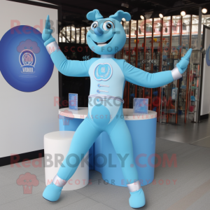 Sky Blue Contortionist mascot costume character dressed with a Suit and Bracelets