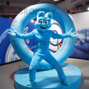 Sky Blue Contortionist mascot costume character dressed with a Suit and Bracelets