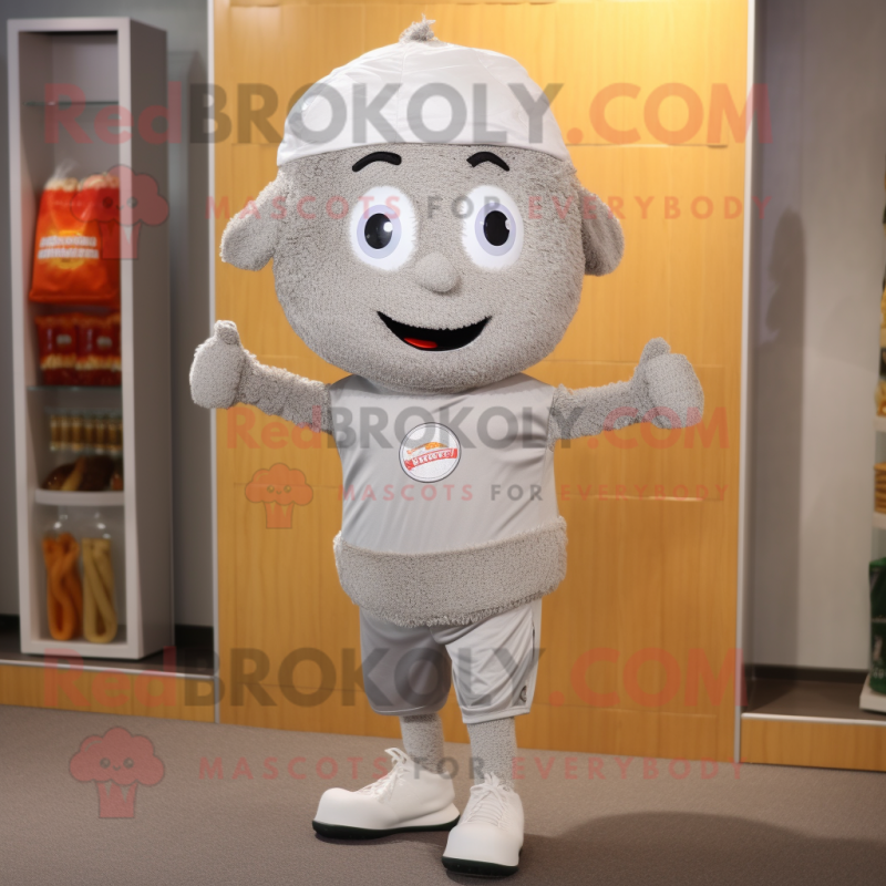 Silver Fried Rice mascot costume character dressed with a Running Shorts and Beanies Silver Fried Rice mascot costume character dressed with a Running Shorts and Beanies