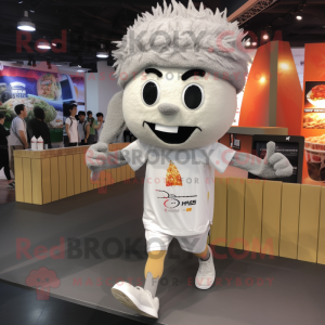 Silver Fried Rice mascot costume character dressed with a Running Shorts and Beanies