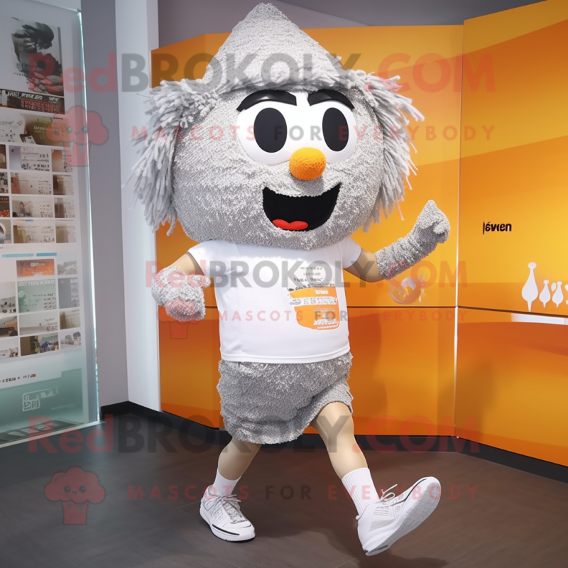 Silver Fried Rice mascot costume character dressed with a Running Shorts and Beanies