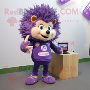 Purple Hedgehog mascot costume character dressed with a T-Shirt and Anklets