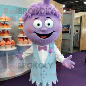 Lavender Cupcake mascot costume character dressed with a Dress Shirt and Brooches