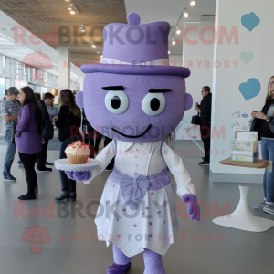 Lavender Cupcake mascot costume character dressed with a Dress Shirt and Brooches
