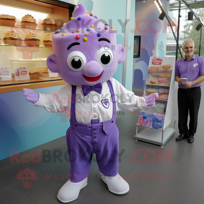 Lavender Cupcake mascot costume character dressed with a Dress Shirt and Brooches Lavender Cupcake mascot costume character dressed with a Dress Shirt and Brooches