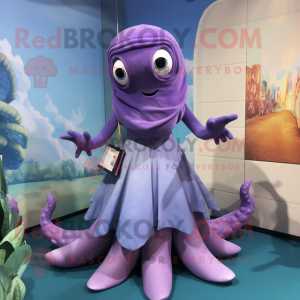 Lavender Kraken mascot costume character dressed with a A-Line Dress and Keychains