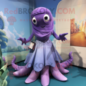 Lavender Kraken mascot costume character dressed with a A-Line Dress and Keychains