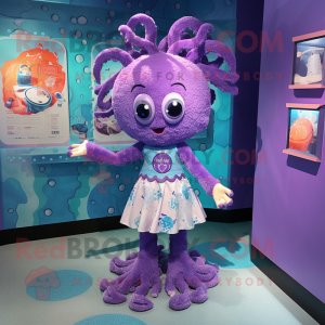 Lavender Kraken mascot costume character dressed with a A-Line Dress and Keychains