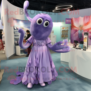 Lavender Kraken mascot costume character dressed with a A-Line Dress and Keychains