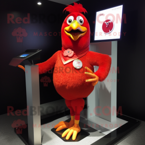 Red Chicken mascot costume character dressed with a Leggings and Tie pins