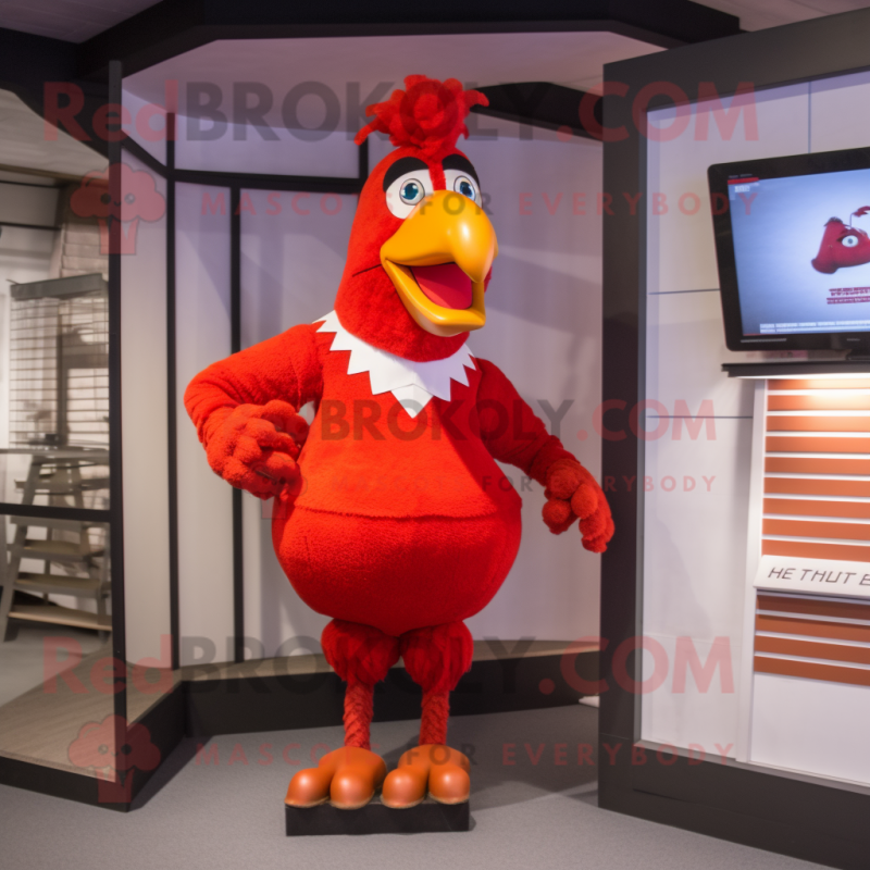 Red Chicken mascot costume character dressed with a Leggings and Tie pins