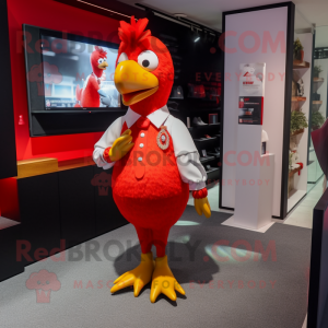 Red Chicken mascot costume character dressed with a Leggings and Tie pins