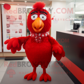 Red Chicken mascot costume character dressed with a Leggings and Tie pins