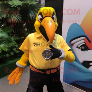 Yellow Toucan mascot costume character dressed with a Poplin Shirt and Bracelet watches