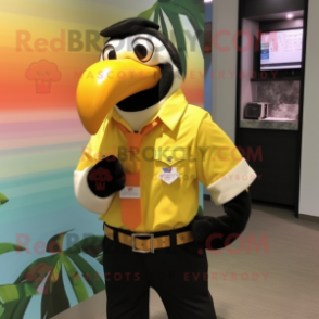 Yellow Toucan mascot costume character dressed with a Poplin Shirt and Bracelet watches