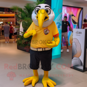 Yellow Toucan mascot costume character dressed with a Poplin Shirt and Bracelet watches