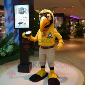 Yellow Toucan mascot costume character dressed with a Poplin Shirt and Bracelet watches