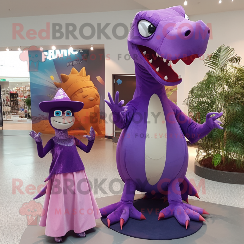 Purple Dimorphodon mascot costume character dressed with a Ball Gown and Beanies Purple Dimorphodon mascot costume character dressed with a Ball Gown and Beanies