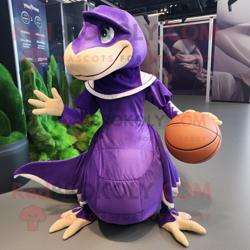 Purple Dimorphodon mascot costume character dressed with a Ball Gown and Beanies Purple Dimorphodon mascot costume character dressed with a Ball Gown and Beanies