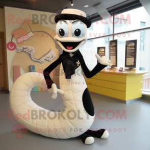 Cream Snake mascot costume character dressed with a Tuxedo and Hair clips