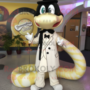 Cream Snake mascot costume character dressed with a Tuxedo and Hair clips