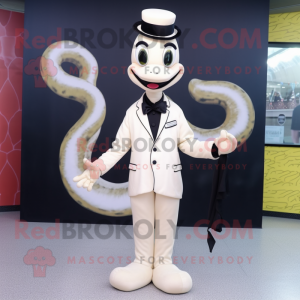 Cream Snake mascot costume character dressed with a Tuxedo and Hair clips