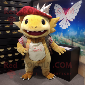 Gold Axolotls mascot costume character dressed with a Flannel Shirt and Clutch bags