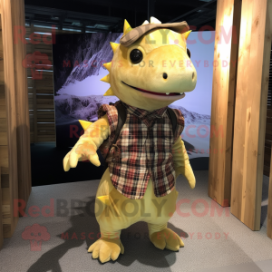 Gold Axolotls mascot costume character dressed with a Flannel Shirt and Clutch bags