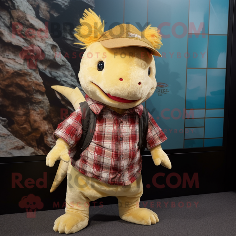 Gold Axolotls mascot costume character dressed with a Flannel Shirt and Clutch bags