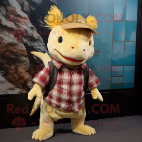 Gold Axolotls mascot costume character dressed with a Flannel Shirt and Clutch bags