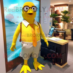 Yellow Pigeon mascot costume character dressed with a Bermuda Shorts and Briefcases