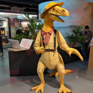 Gold Parasaurolophus mascot costume character dressed with a Playsuit and Messenger bags