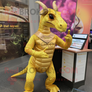 Gold Parasaurolophus mascot costume character dressed with a Playsuit and Messenger bags