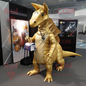 Gold Parasaurolophus mascot costume character dressed with a Playsuit and Messenger bags