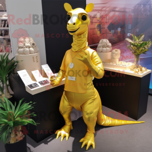 Gold Parasaurolophus mascot costume character dressed with a Playsuit and Messenger bags