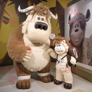 Cream Woolly Rhinoceros mascot costume character dressed with a Jeggings and Messenger bags