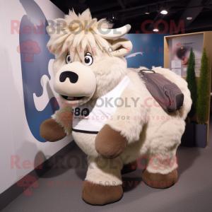 Cream Woolly Rhinoceros mascot costume character dressed with a Jeggings and Messenger bags